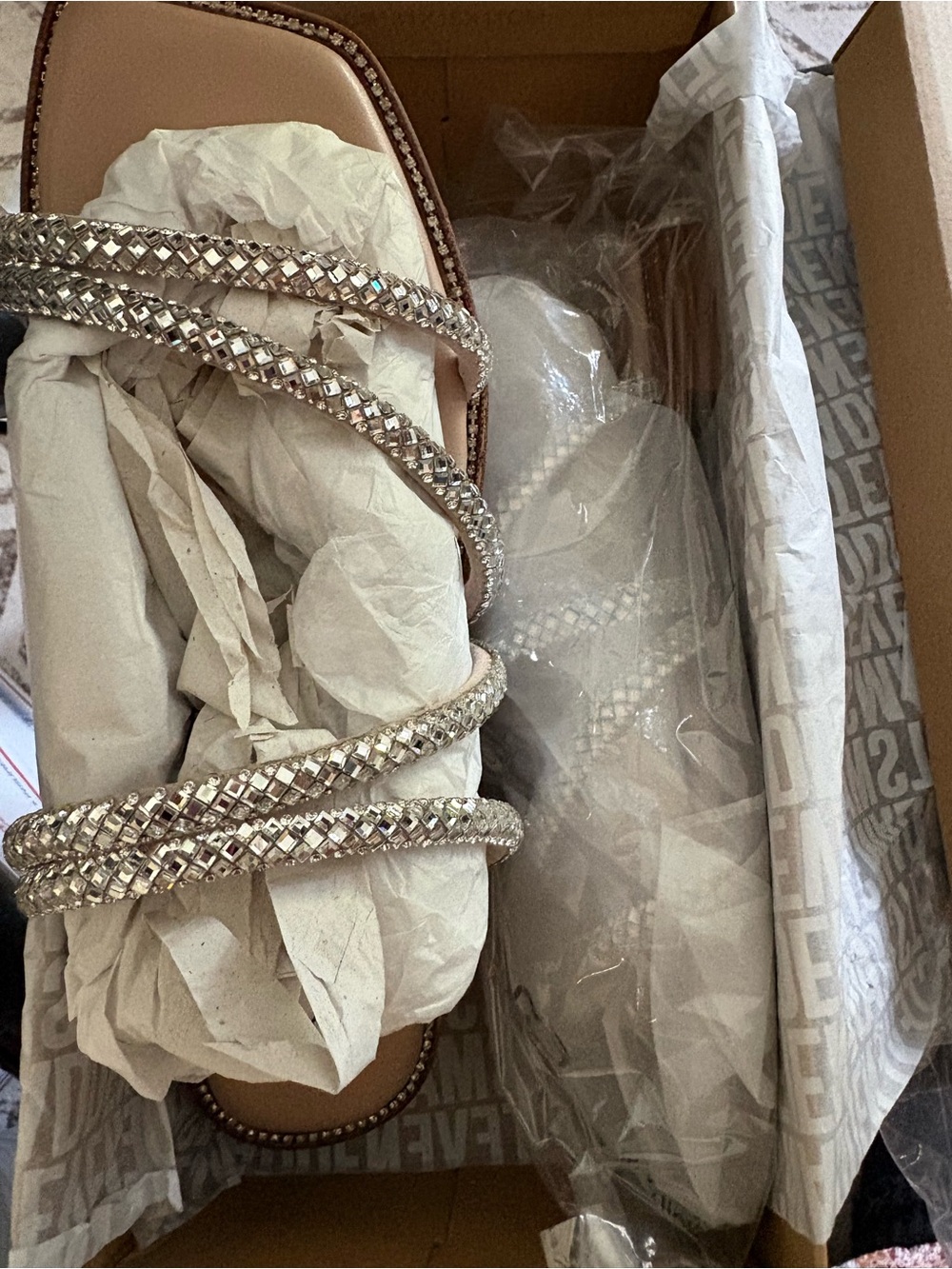 Steve Madden Nude Crystal-Embellished Double Strap Slide Mules - Picture 4 of 10